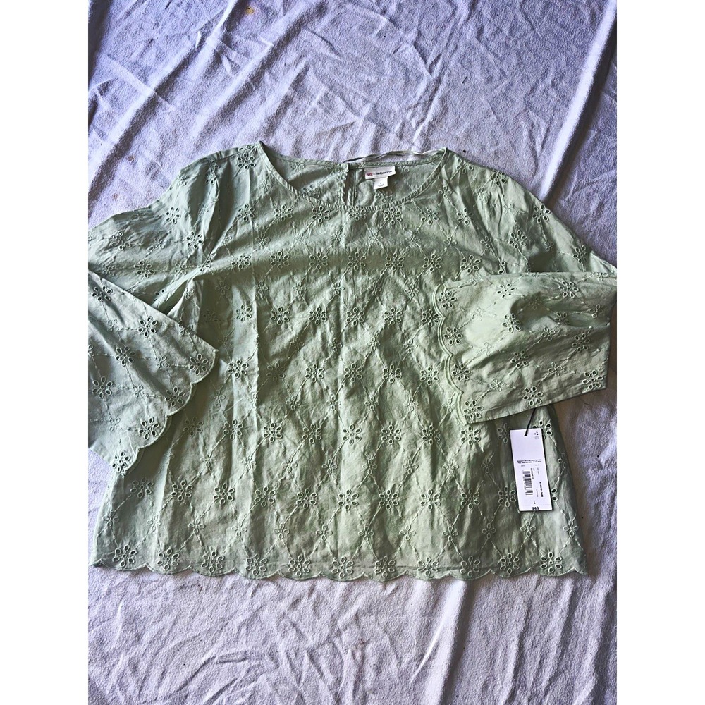 Liz Claiborne Green Eyelet Cotton Embroidered Floral Button Blouse Sz L